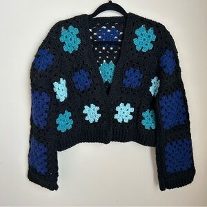Black & Blue Green Crochet Cardigan Sweater with Granny Square Pattern Handmade